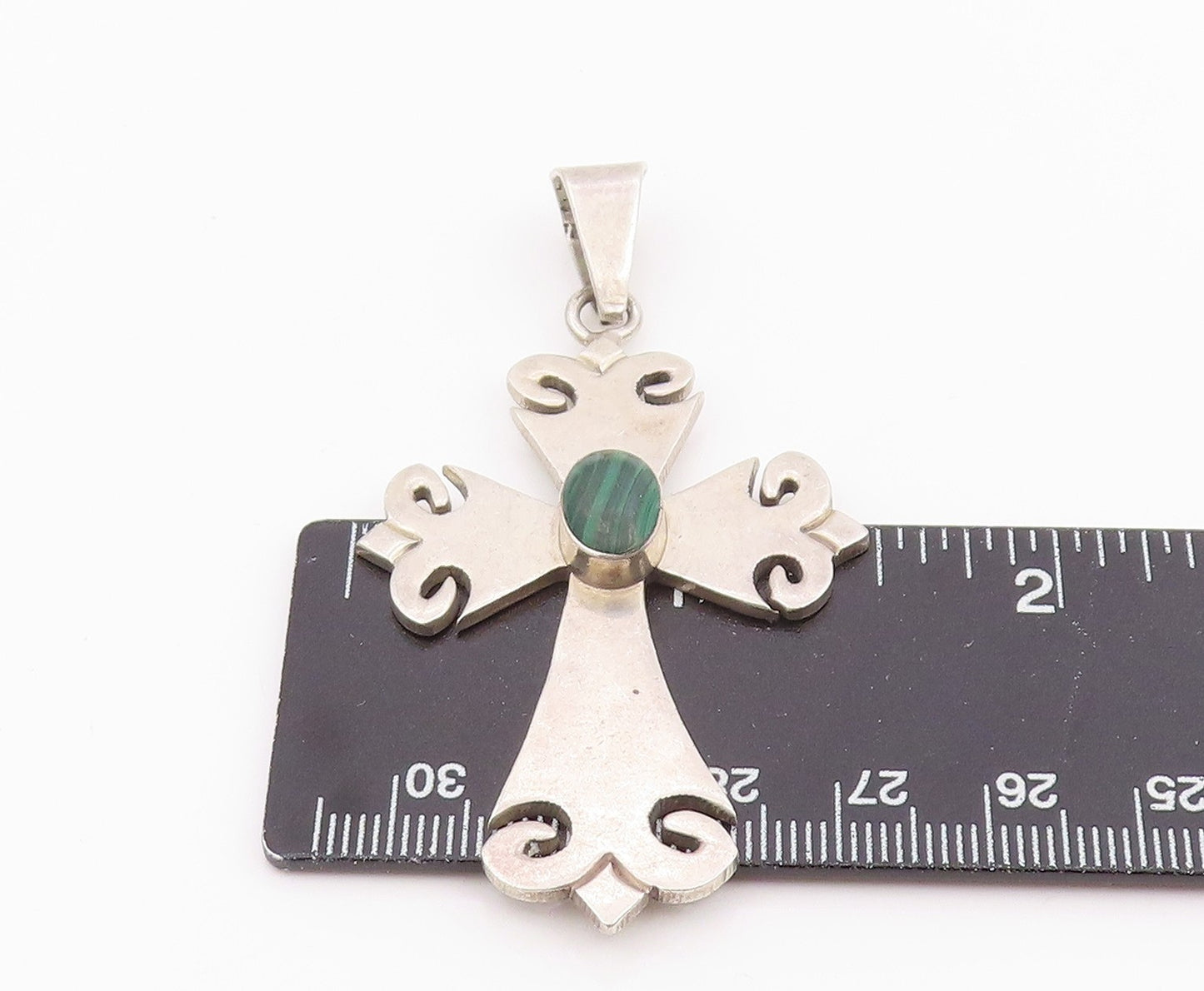 925 Sterling Silver Vintage Pendant MEXICO Malachite Religious Cross PT26041