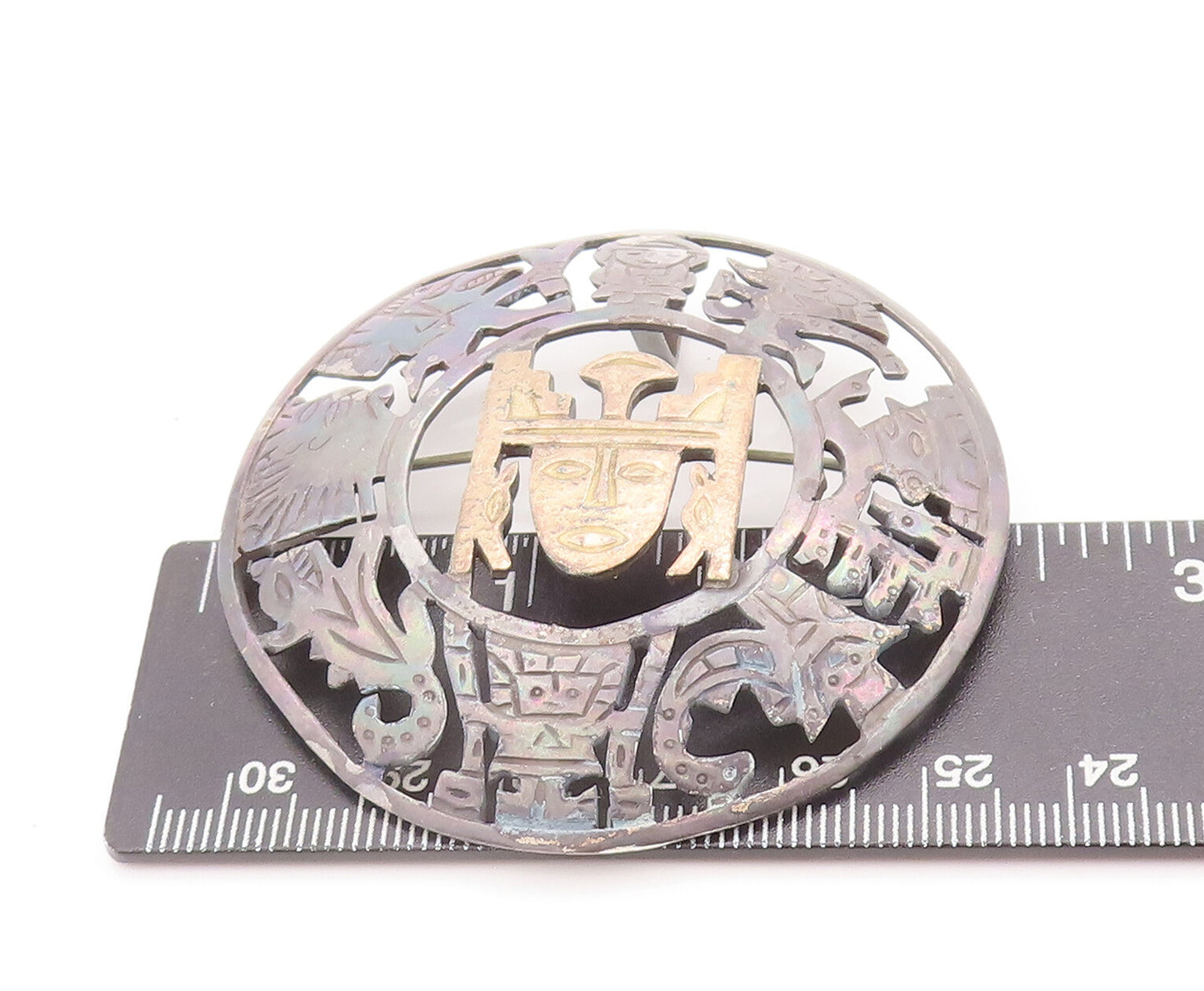 18k Gold 925 Sterling Silver Vintage Brooch Pin Peru Aztec Inca God BP10686