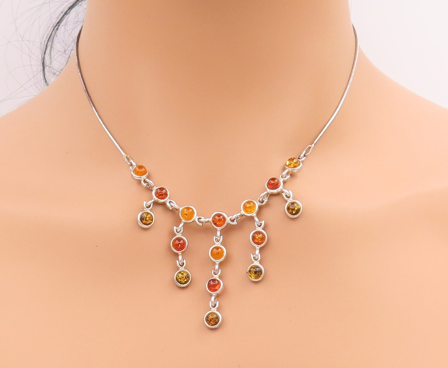 925 Sterling Silver Vintage Necklace Multi Stone Amber Classic Link Chain NE4630