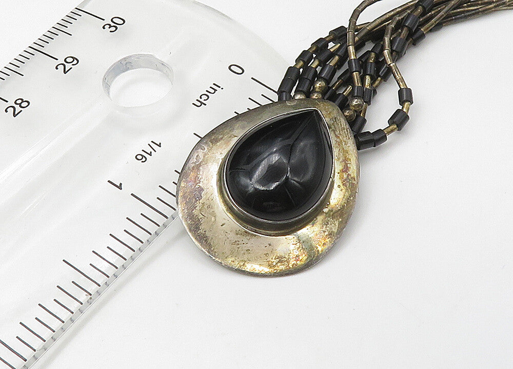 NAVAJO 925 Silver Vintage Black Onyx Liquid Silver Chain Necklace NE3633