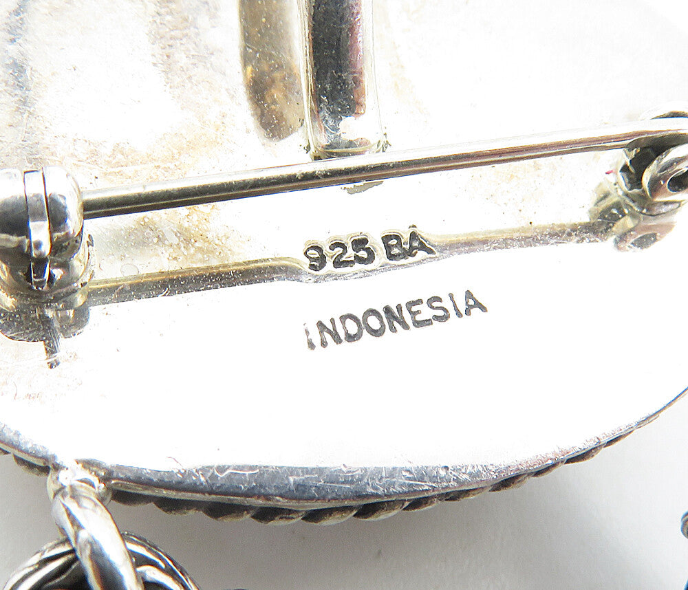 BALI 925 Sterling Silver Vintage Cabochon Jasper Linked Brooch Pin BP3260