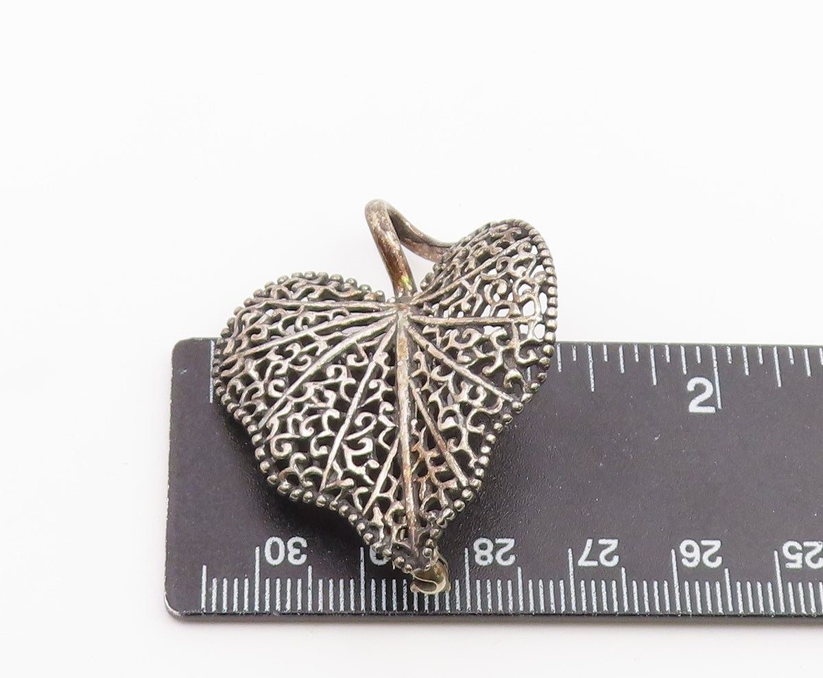 925 Sterling Silver Vintage Beaded Edge Veined Love Heart Brooch Pin BP9628