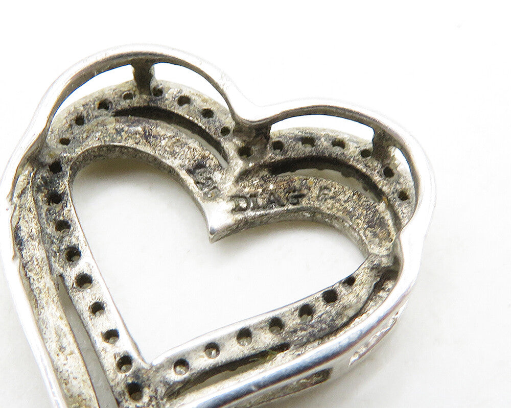 925 Sterling Silver Vintage Genuine Diamonds Open Love Heart Pendant PT15551