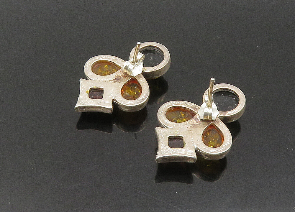 925 Sterling Silver Vintage Cabochon Cut Amber Drop Earrings EG11287