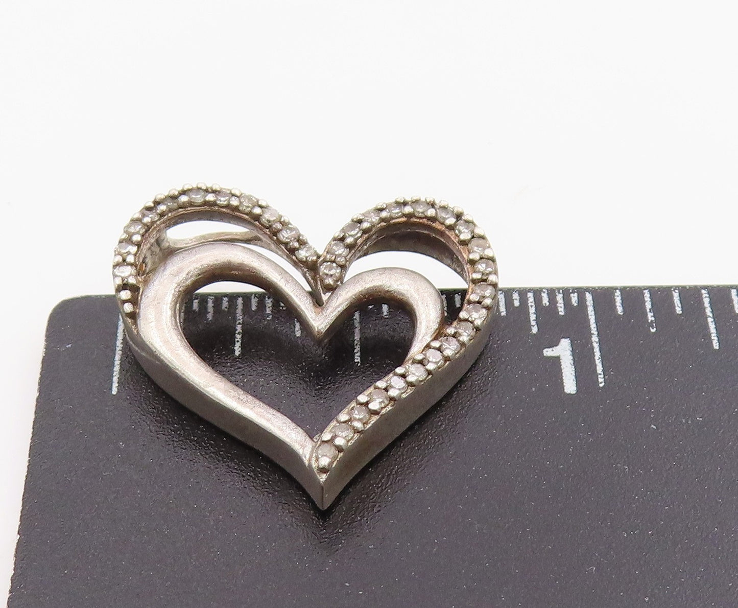 925 Sterling Silver Vintage Pendant Real Diamonds Love Heart Outline PT25479