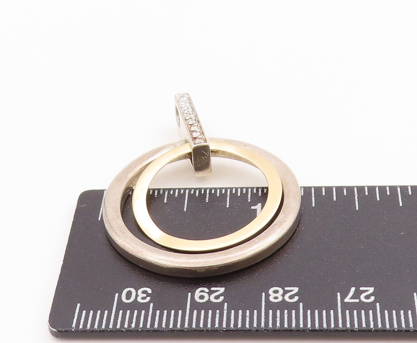 14k Gold 925 Sterling Silver Vintage Pendant Diamonds Inlay Double Rings PT24394