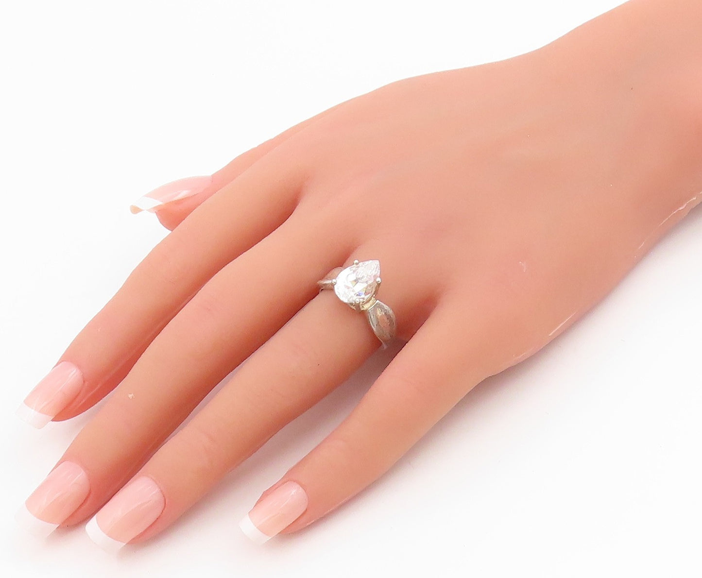 925 Sterling Silver Vintage Ring Teardrop Cut CZ Solitaire Band Sz 7 RG34186
