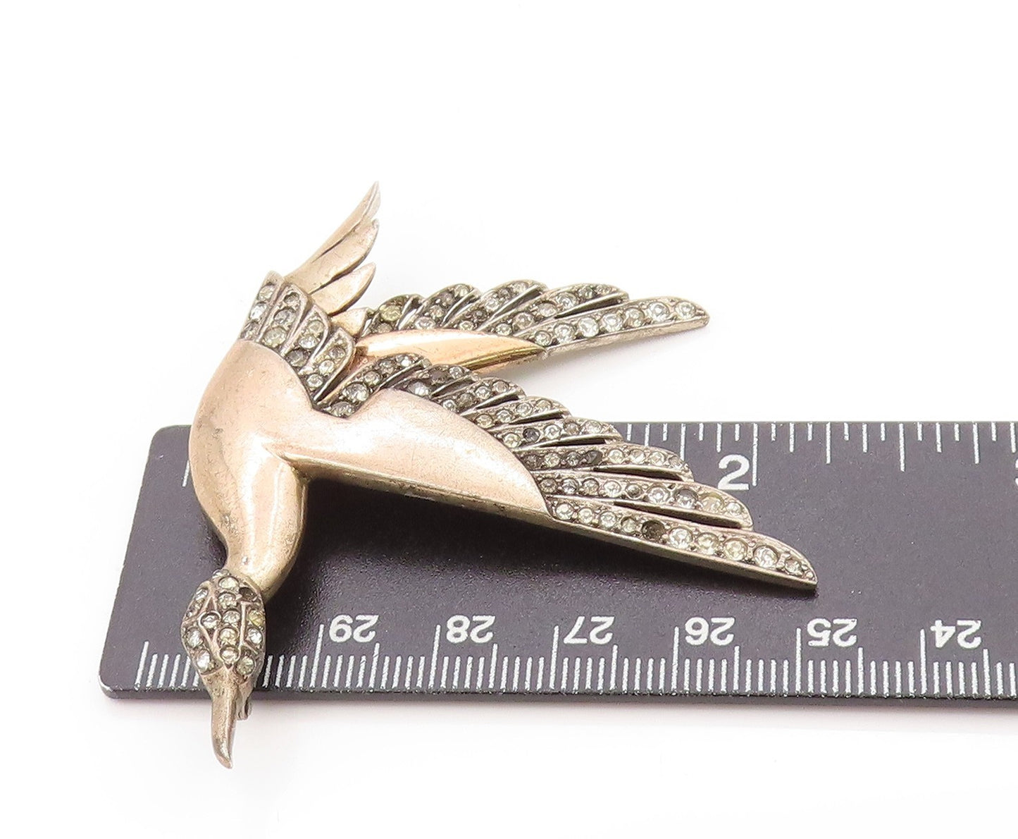 925 Sterling Silver Vintage Brooch Round CZ Flying Crane Bird Design BP11879