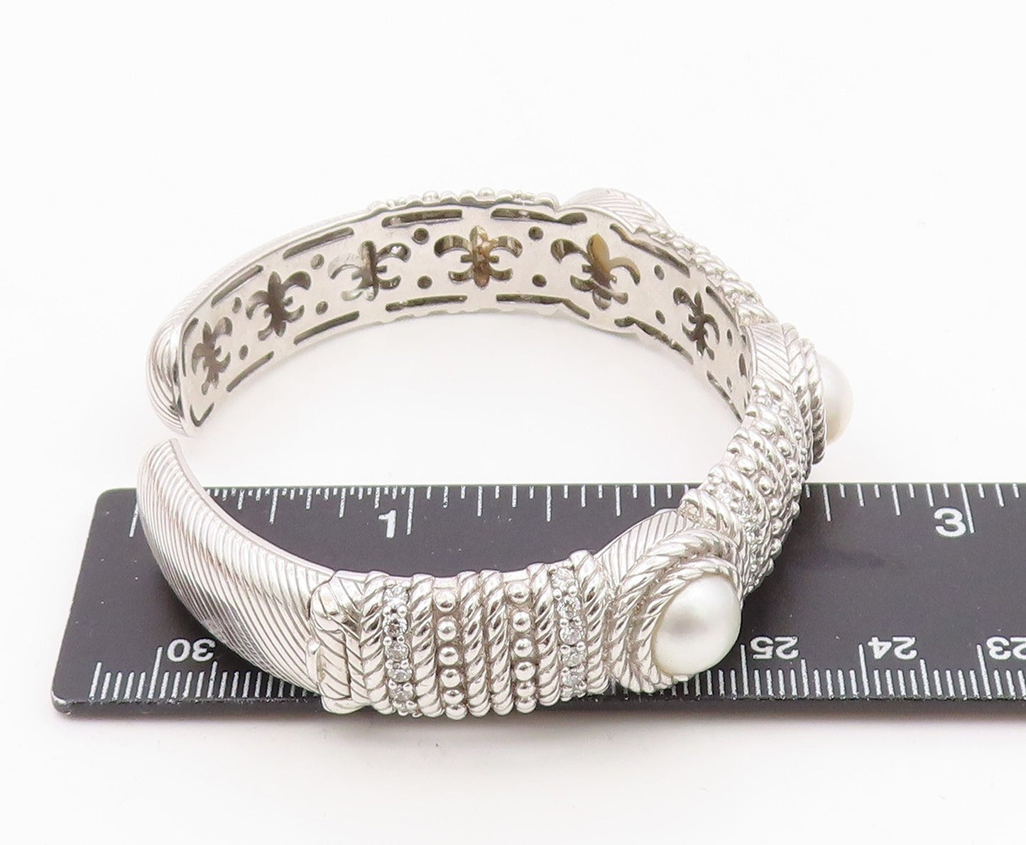 925 Sterling Silver Vintage Bracelet JUDITH RIPKA Round Pearl & CZ Cuff BT11996