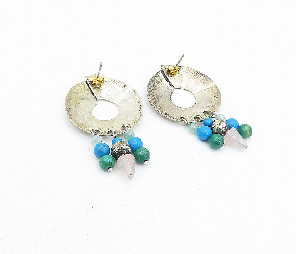 925 Sterling Silver Vintage Turquoise & Quartz Beaded Dangle Earrings EG2661