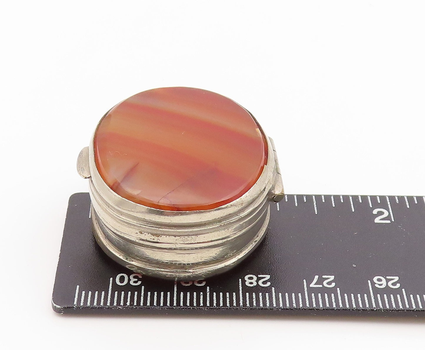 925 Sterling Silver Vintage Pill Box Antique Banded Agate Trinket OPENS TR4243