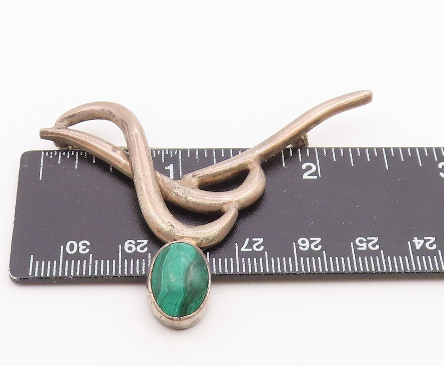MEXICO 925 Sterling Silver Vintage Cabochon Cut Malachite Brooch Pin BP8836
