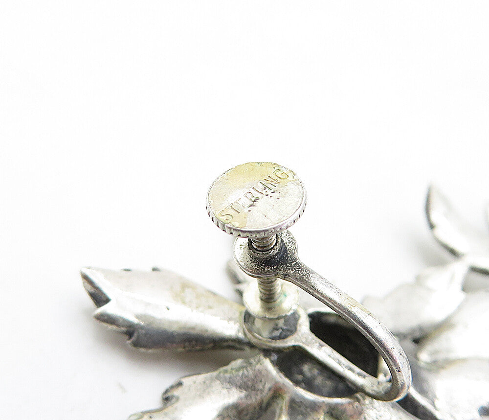 925 Sterling Silver Vintage Sculpted Flower Non Pierce Drop Earrings EG2352