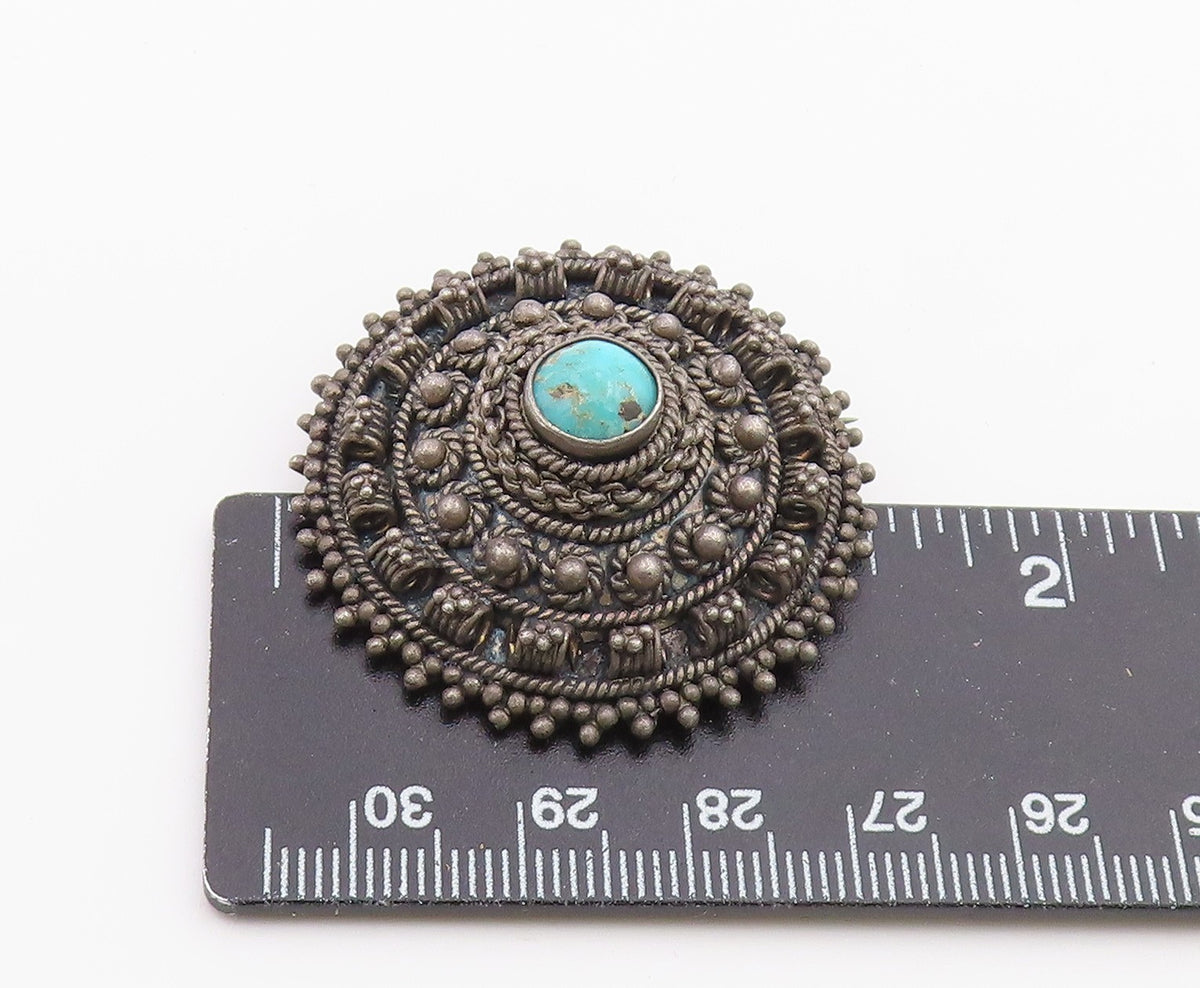 ISRAEL 925 Silver Vintage Turquoise Dark Tone Floral Dome Brooch Pin BP3850