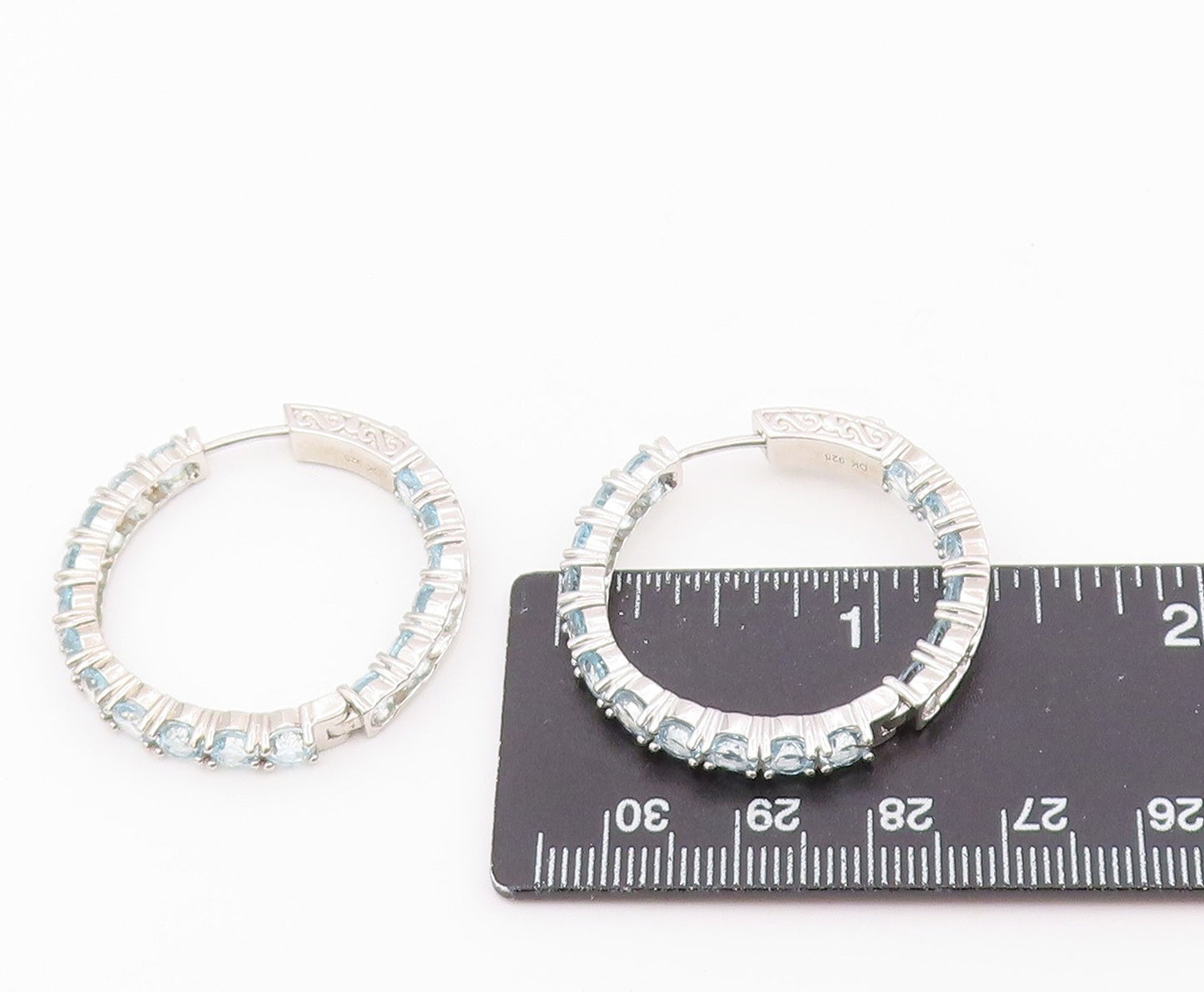 925 Sterling Silver Vintage Earrings Elegant Round Cut Blue Topaz Hoops EG14454