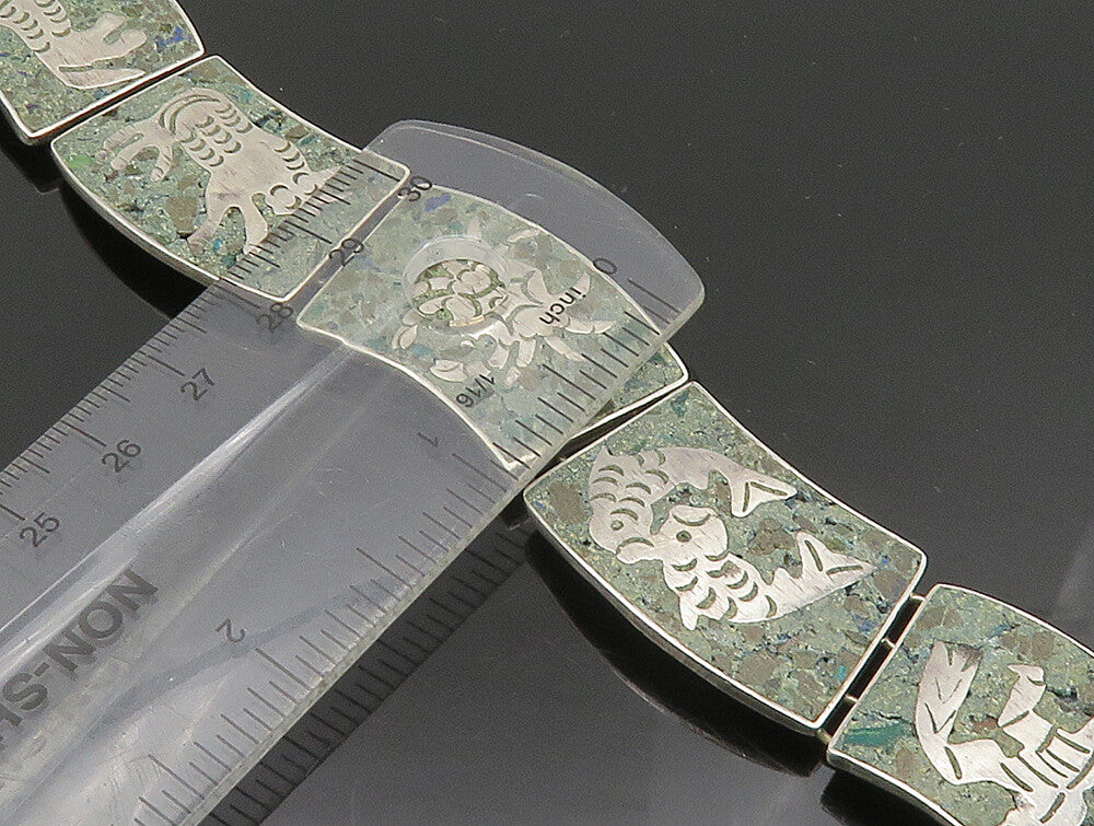 MEXICO 925 Silver Vintage Etched Animal Green Turquoise Link Bracelet BT9396