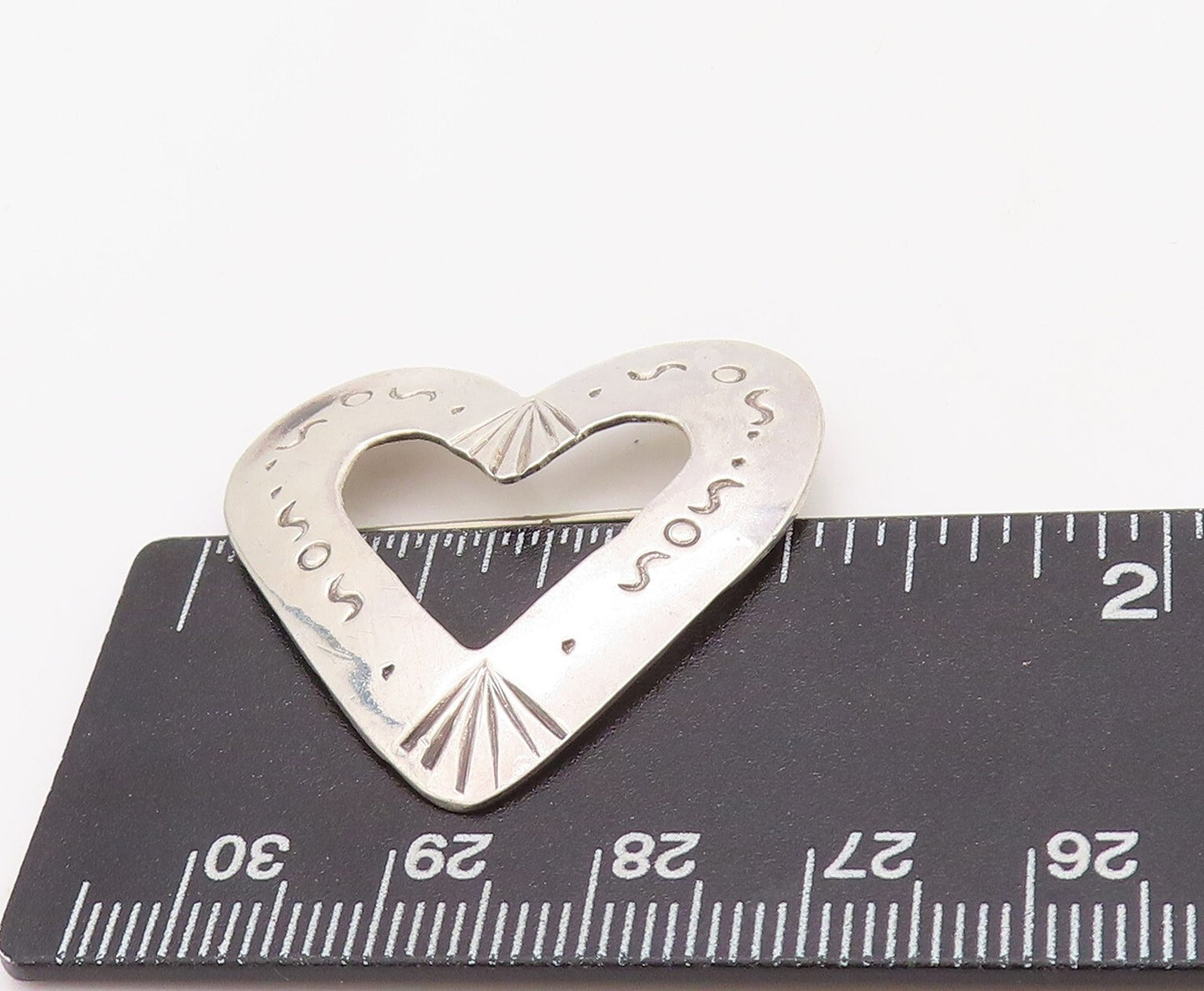 925 Sterling Silver Vintage Brooch Pin NAVAJO SOS Etched Cutout Heart BP11206