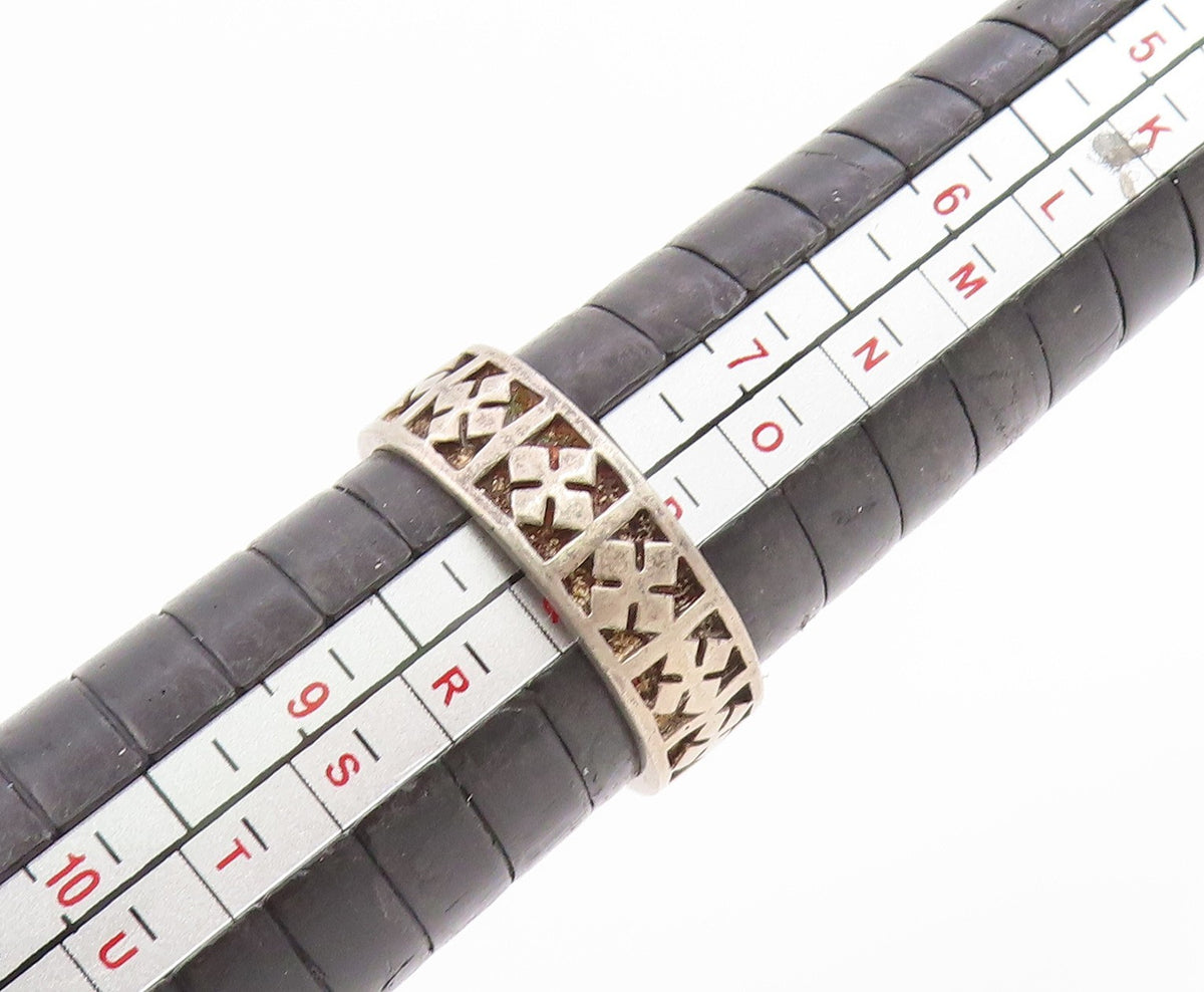 925 Sterling Silver Vintage Ring Carved Geometric Cross Pattern Sz 8 RG36097