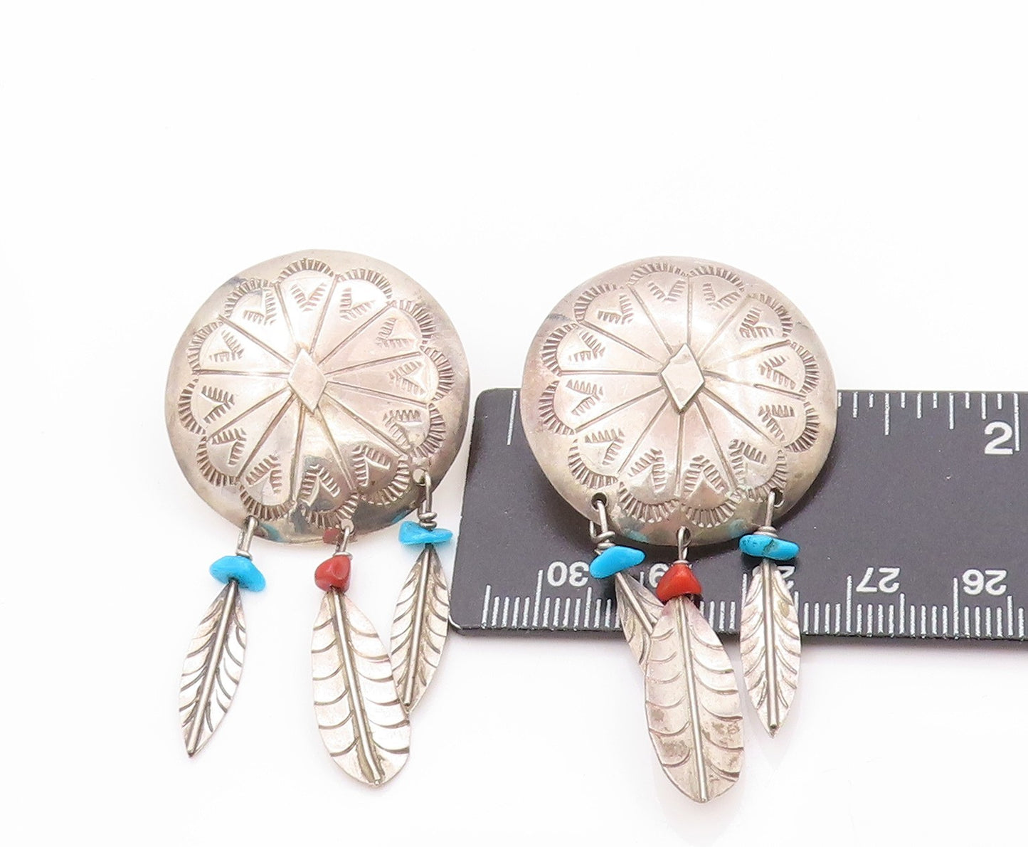 925 Sterling Silver Vintage Earrings SOUTHWESTERN Turquoise Feathers EG13530