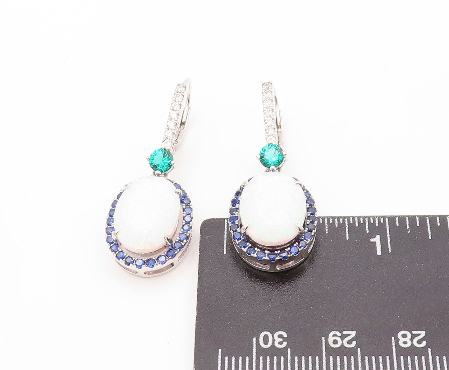 925 Sterling Silver Vintage Earrings Oval Opal Halo Sapphire 2 Tone CZ EG13405