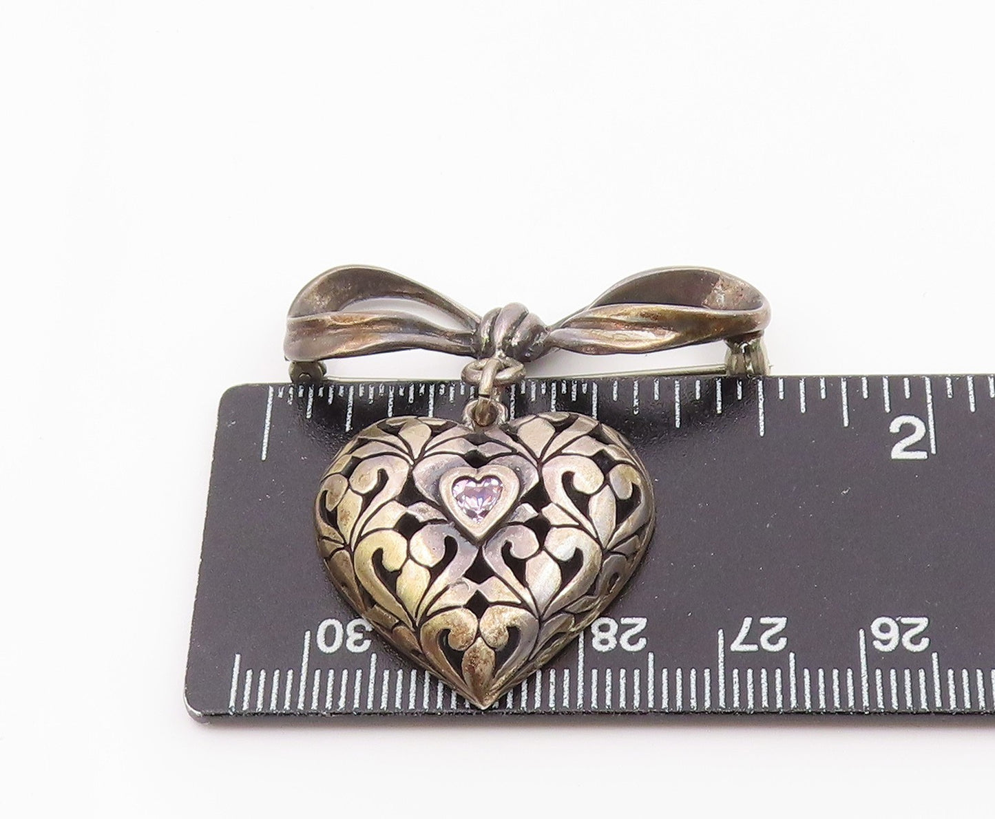 925 Sterling Silver Vintage Brooch Pin JEZLAINE Pink Topaz Heart & Bow BP12337