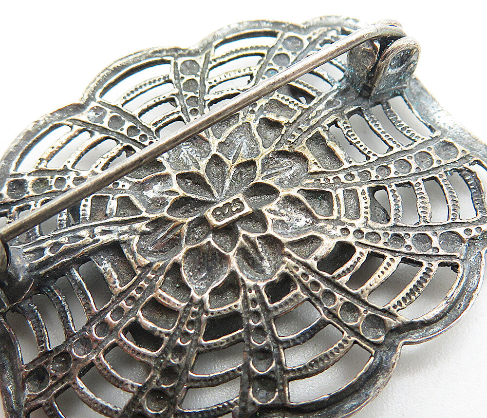 925 Sterling Silver Vintage Inlaid Black Onyx Dark Tone Brooch Pin BP3007
