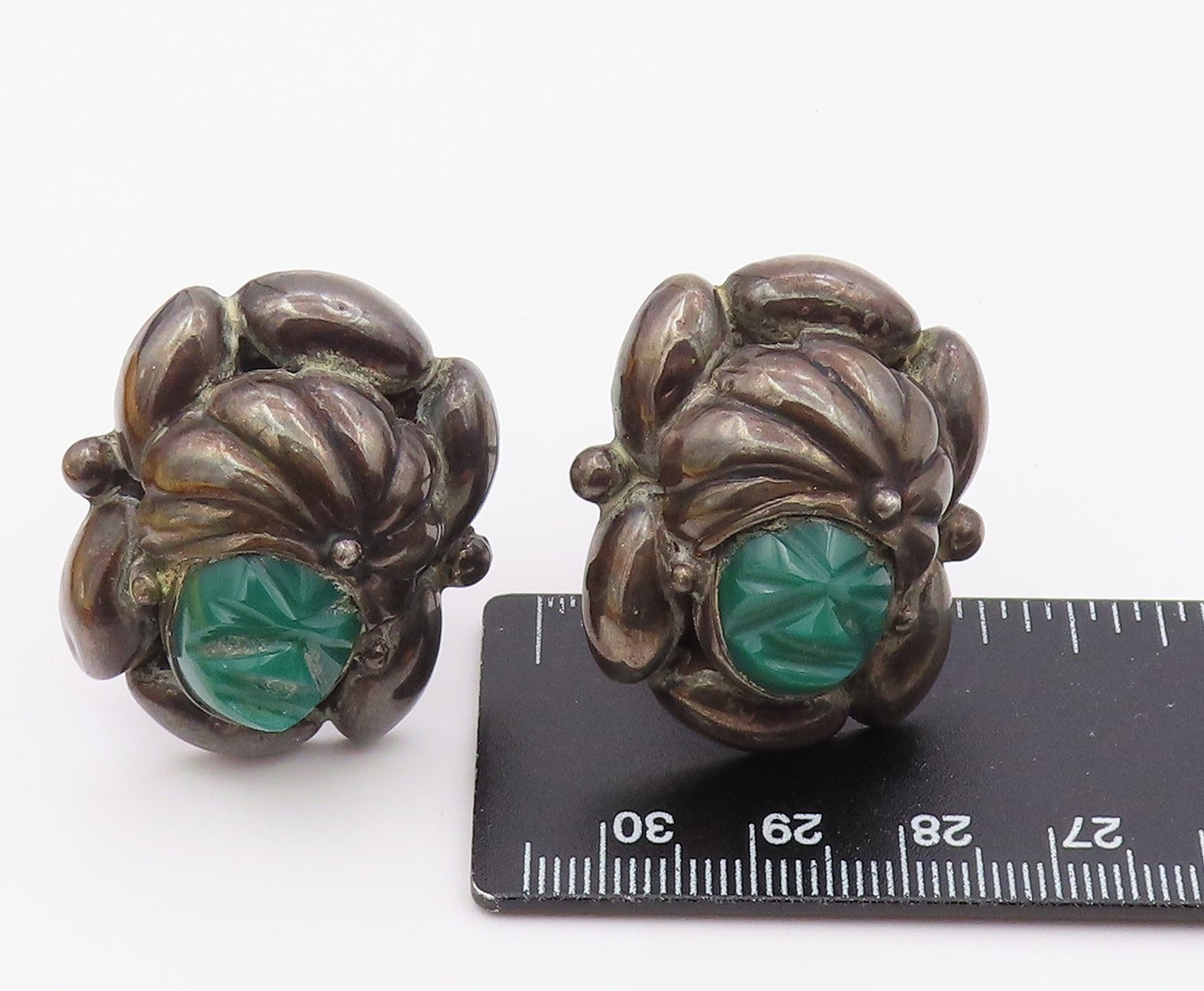 MEXICO 925 Sterling Silver Vintage Carved Warrior Green Onyx Cuff Links TR3459