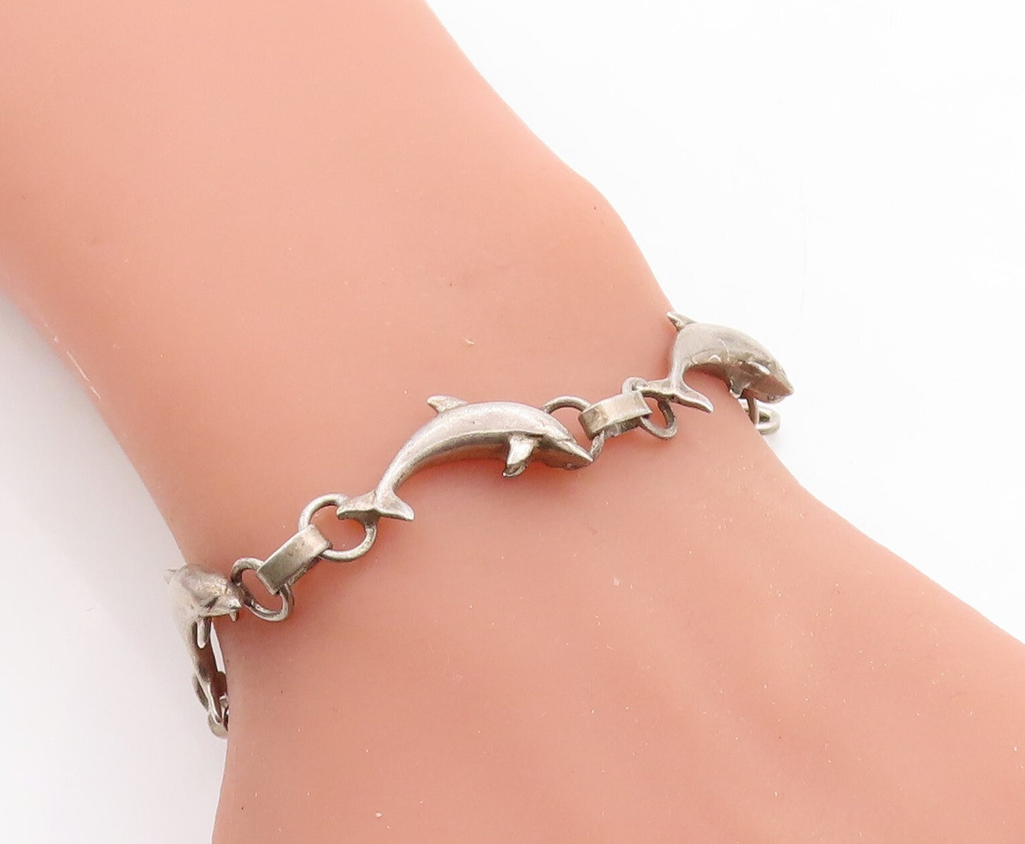 925 Sterling Silver Vintage Dark Tone Leaping Dolphin Chain Bracelet BT2306