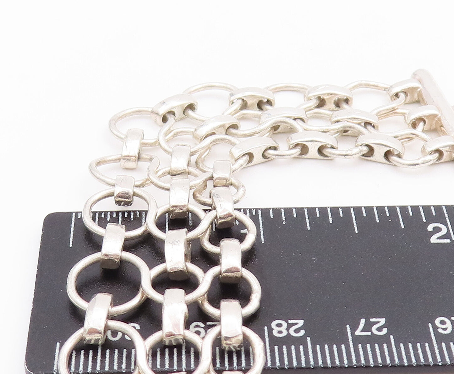 925 Sterling Silver Vintage Necklace Cutout Triple Ring Linked Chains NE4290