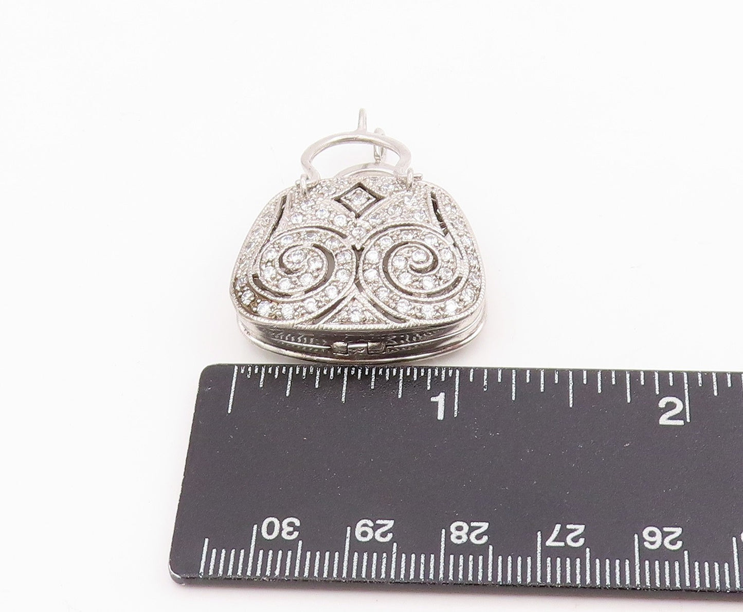 925 Sterling Silver Vintage Pendant Round CZ Openwork Handbag OPENS PT25792