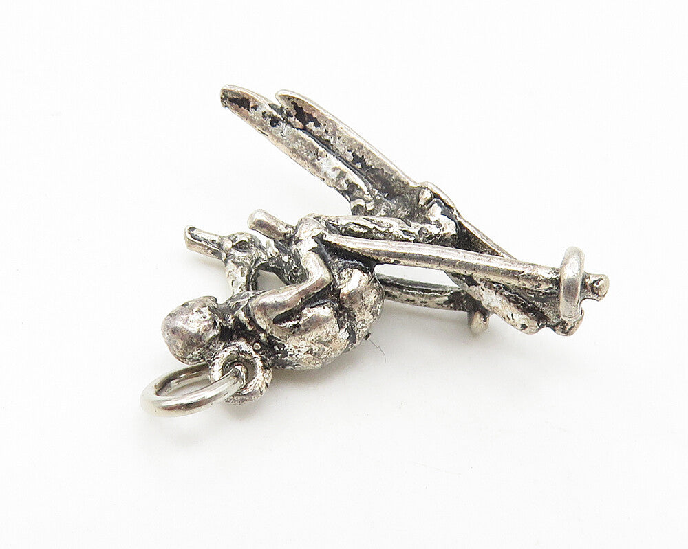 925 Sterling Silver Vintage Petite Dark Tone Skiing Man Sports Pendant PT8942