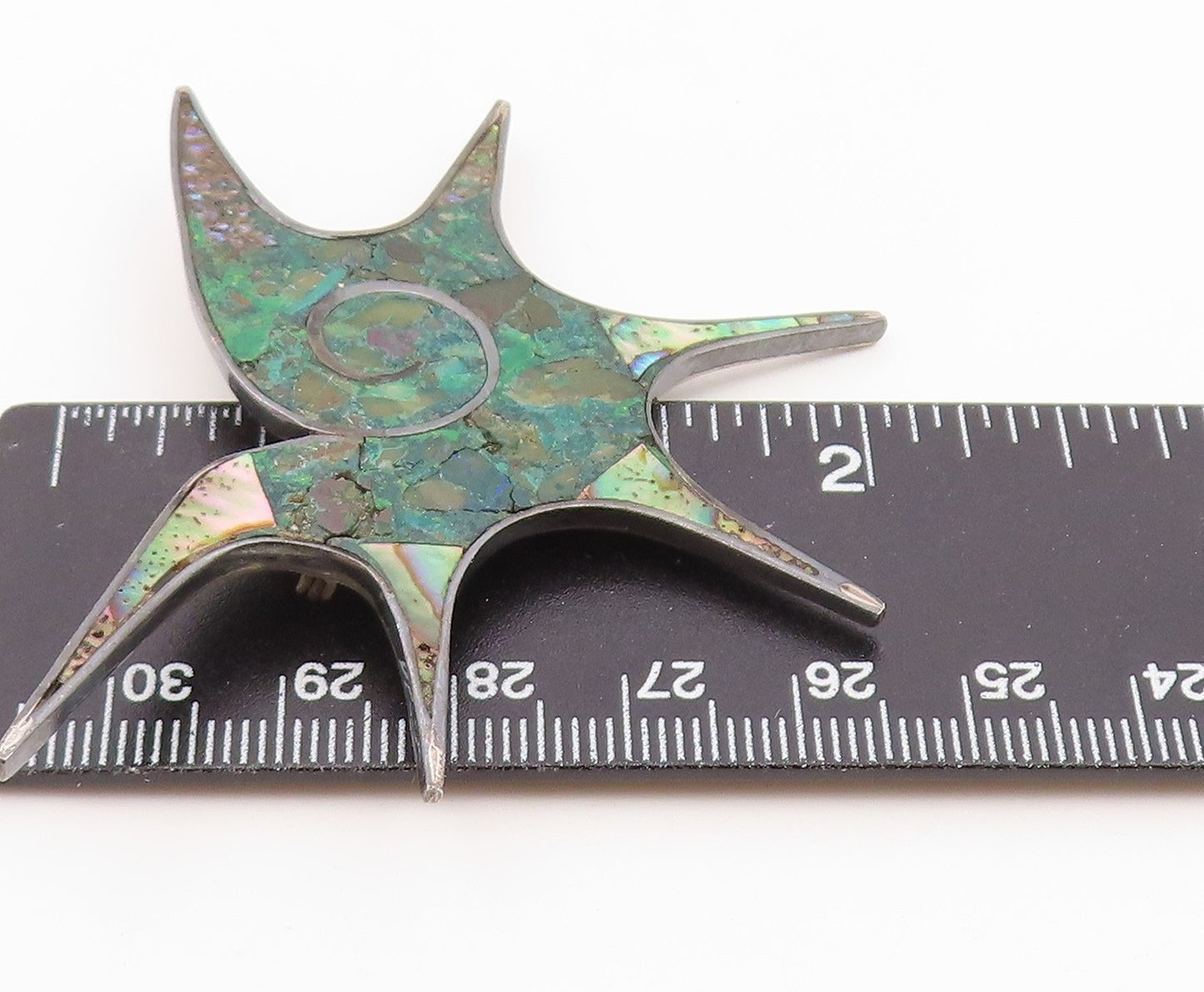 MEXICO 925 Silver Vintage Abalone & Crushed Chrysocolla Brooch Pin BP10090