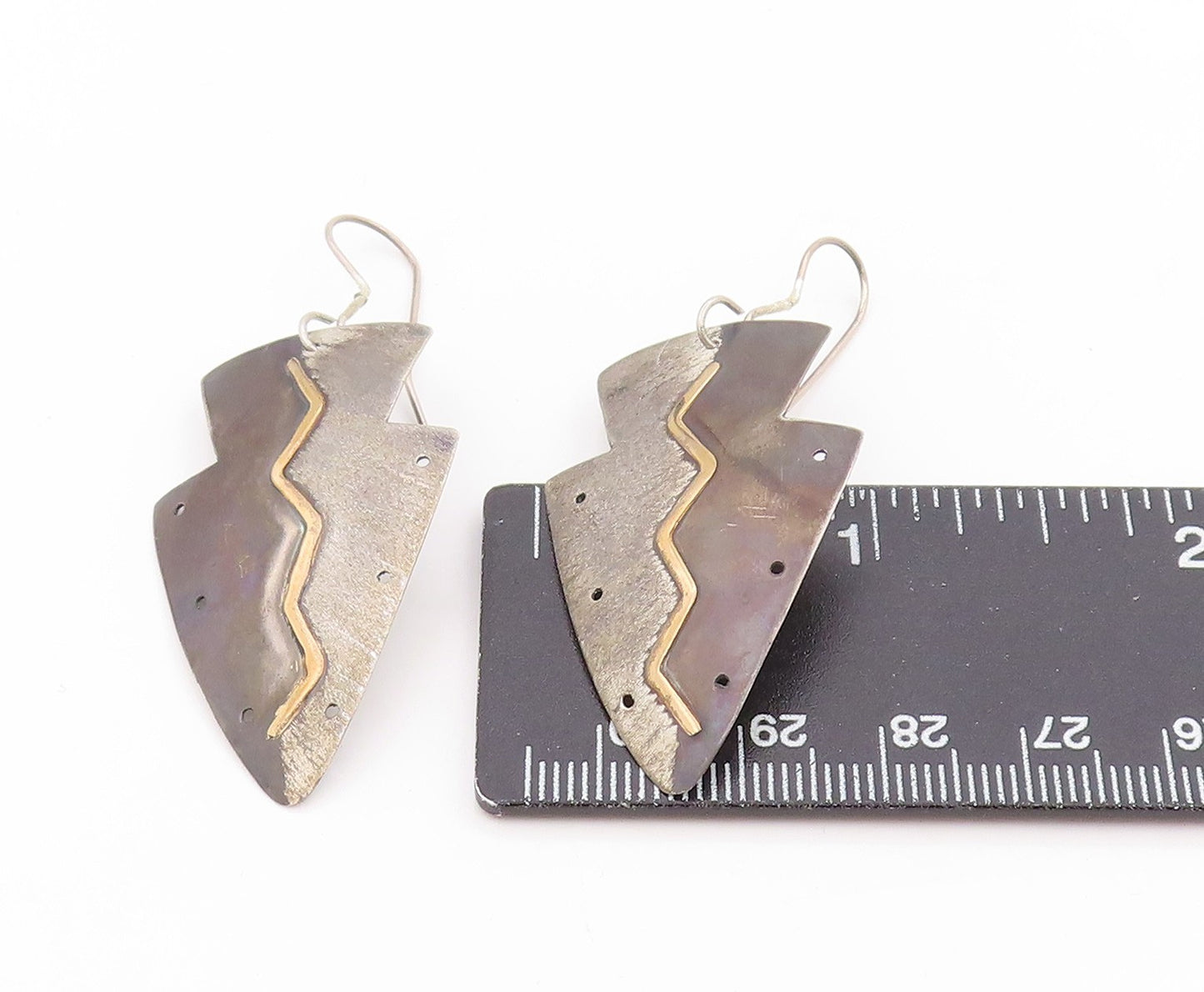 14k Gold & 925 Sterling Silver Vintage Earrings Designer Zigzag Dangle EG14027