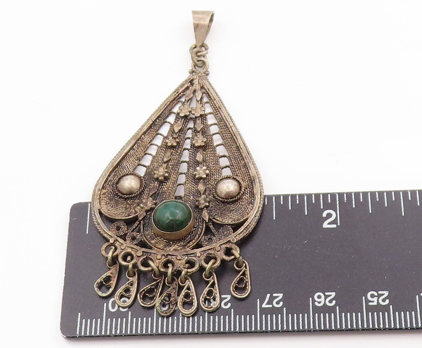 925 Sterling Silver Vintage Pendant Round Malachite Intricate Chandelier PT25449