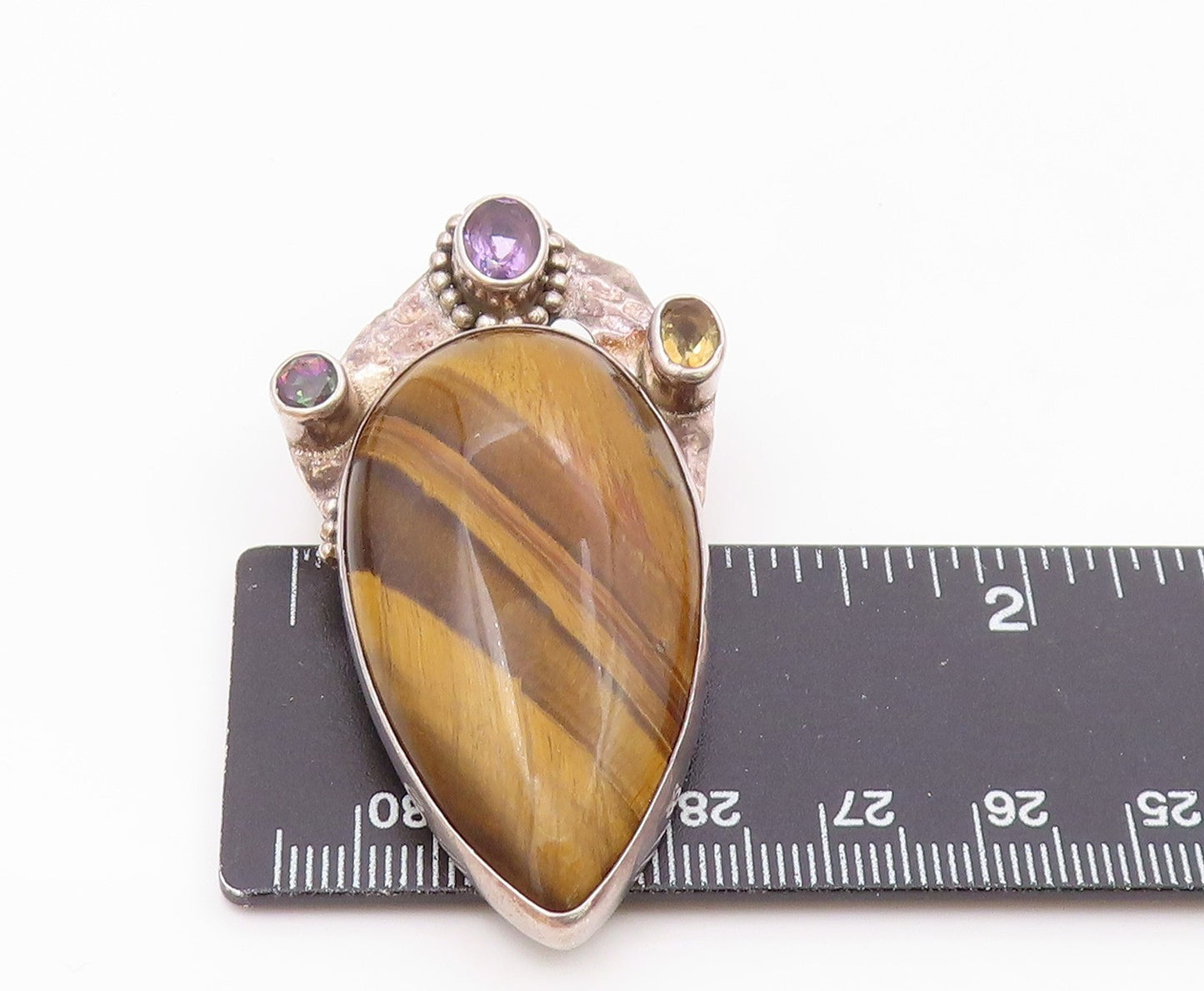 925 Silver Vintage Tiger's Eye Topaz Citrine & Amethyst Pendant PT14770