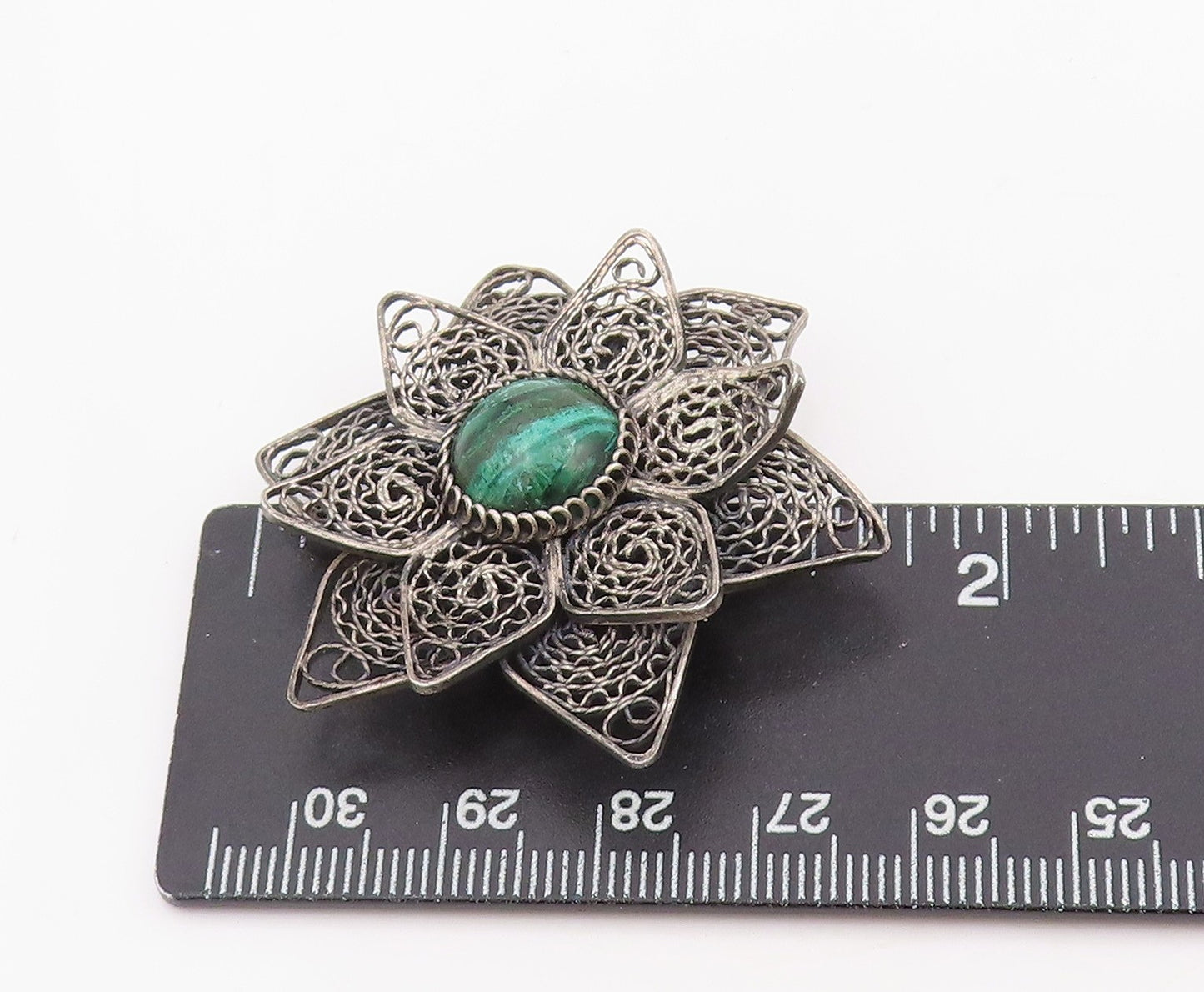925 Sterling Silver Vintage Brooch Malachite Floral Filigree Petal Pin BP12087
