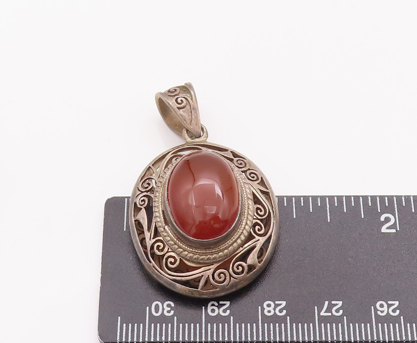 925 Sterling Silver Vintage Pendant Swirly Cutout Carved Cabochon Amber PT22938