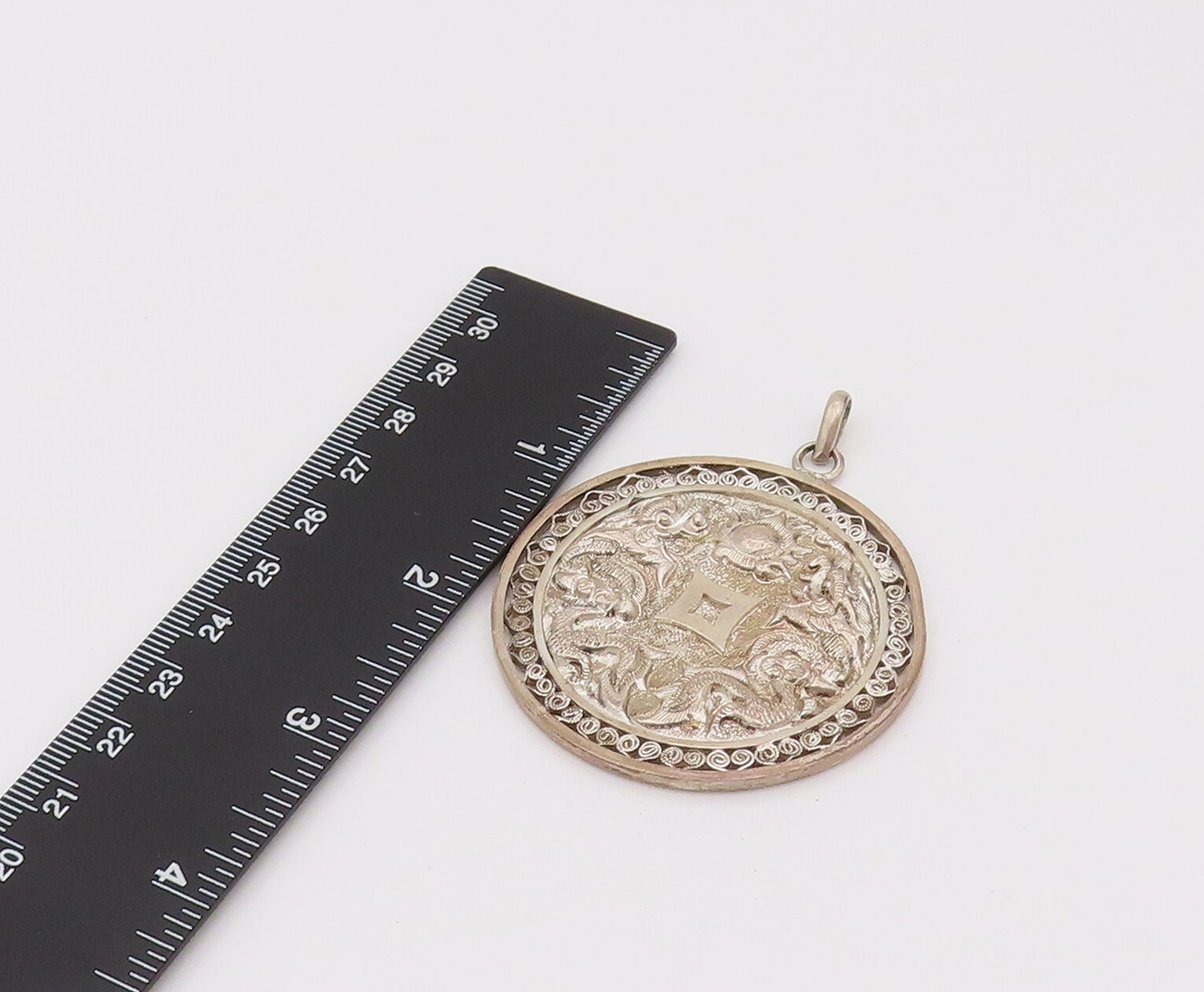 925 Silver Vintage Carved Chinese Dragon & Swirly Cutout Ends Pendant PT22048