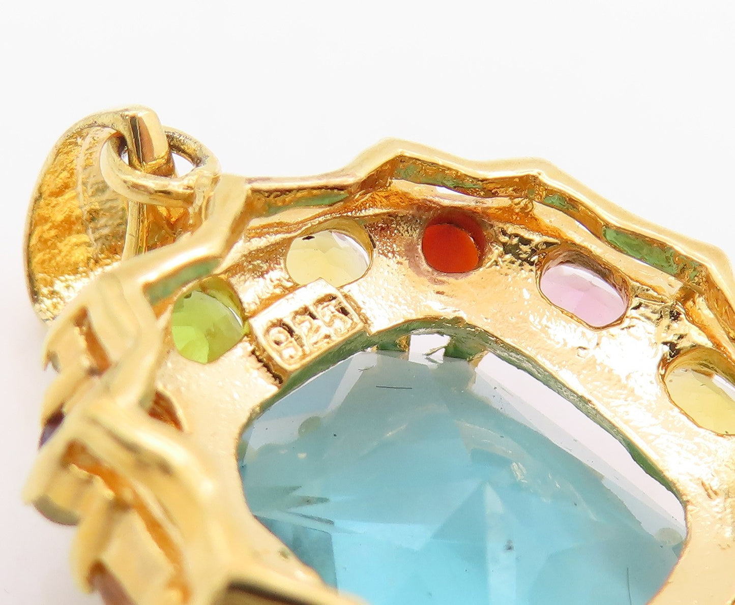 925 Sterling Silver Vintage Pendant Gold Plated Multi Gemstone Charm PT26213