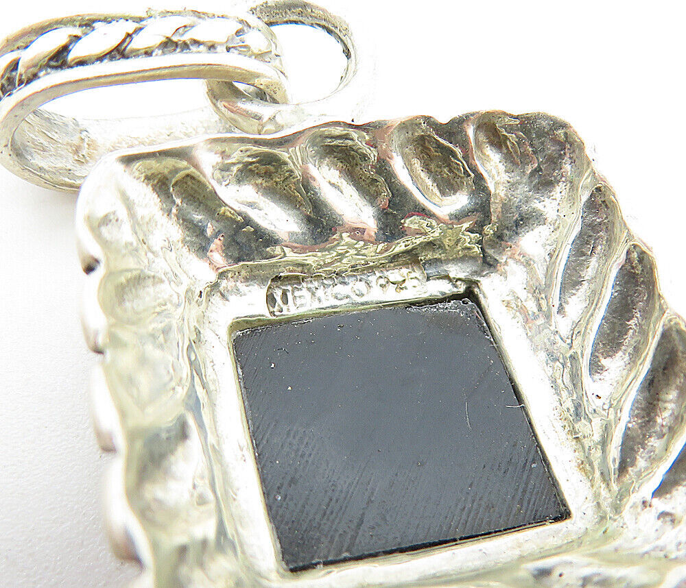 MEXICO 925 Sterling Silver Vintage Black Onyx Twist Square Pendant PT3118