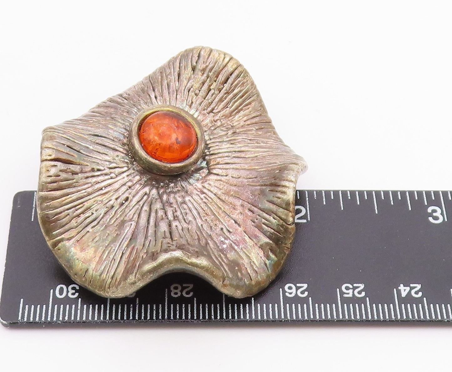 925 Sterling Silver Vintage Etched Flower Motif Amber Brooch Pin BP9496
