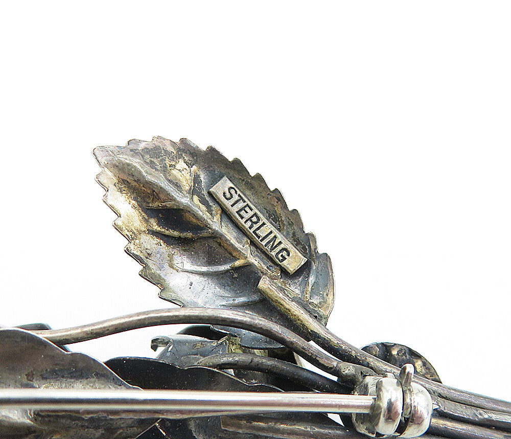 925 Sterling Silver Vintage Oxidized Sculpted Flowers Motif Brooch Pin BP1992