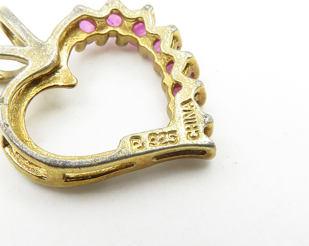 925 Sterling Silver Vintage Pink Topaz Gold Plated Heart Pendant PT14760