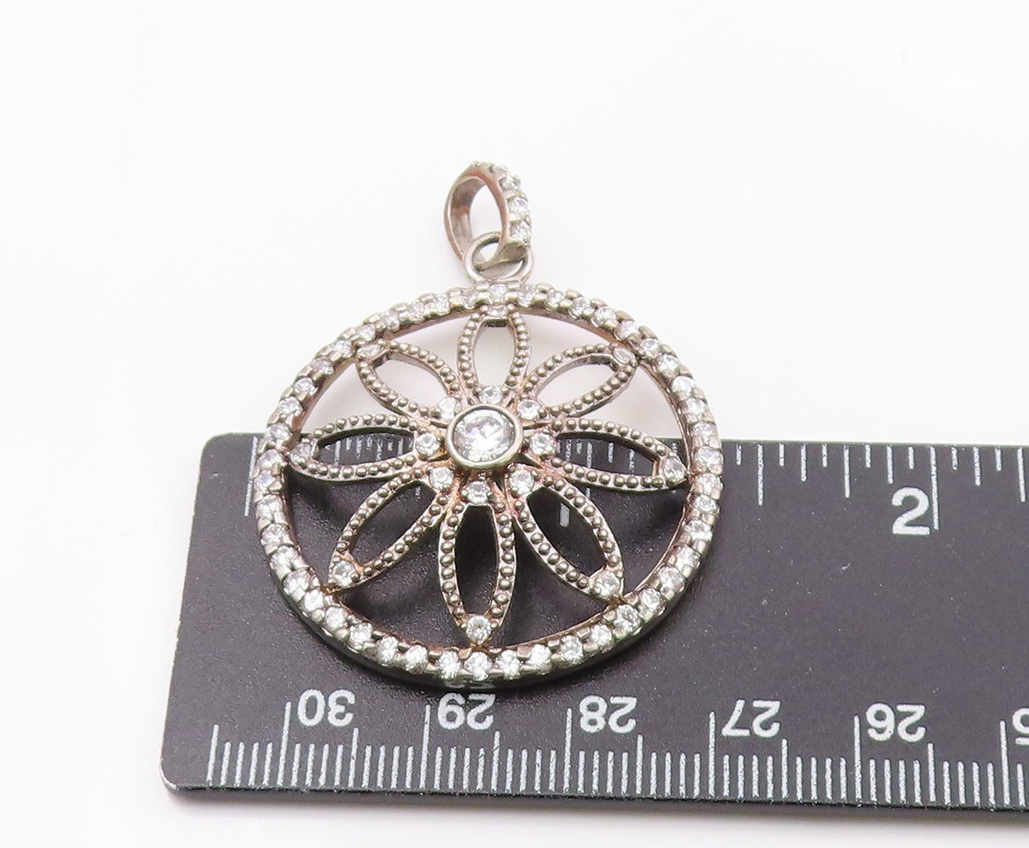 925 Sterling Silver Vintage Cubic Zirconia Open Flower Motif Pendant PT18476