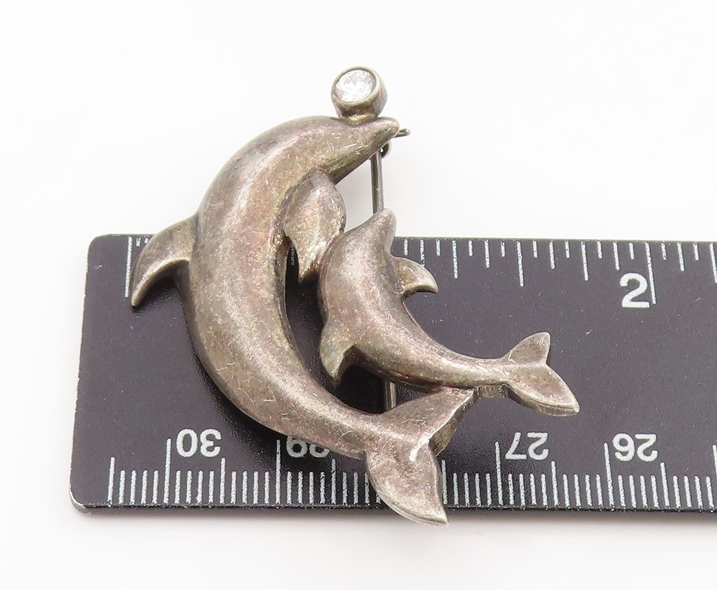 925 Sterling Silver Vintage Brooch Round Topaz Mother & Baby Dolphin BP12143