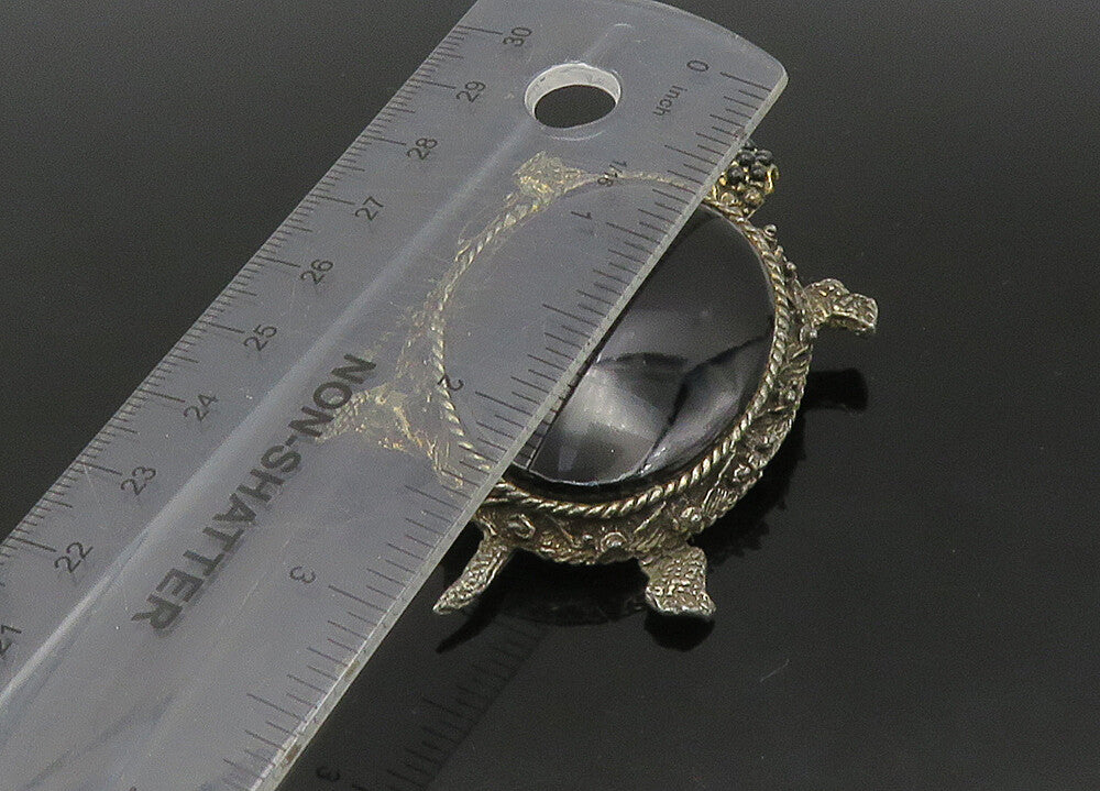 925 Sterling Silver Vintage Black Onyx Sea Turtle Motif Brooch Pin BP8924
