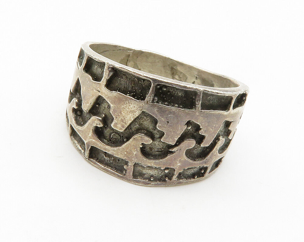 925 Sterling Silver Vintage Antique Dark Tone Chiseled Band Ring Sz 7 RG13742
