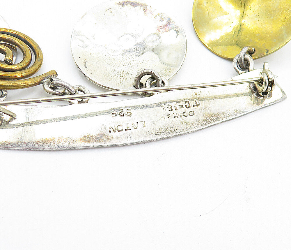 LATON MEXICO 925 Silver Vintage Two Tone Dangling Charms Brooch Pin BP2414