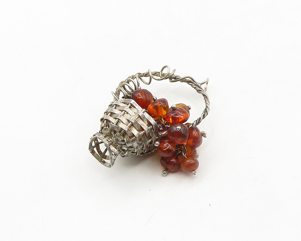 925 Sterling Silver Vintage Amber Bead Cluster Basket Motif Pendant PT15270
