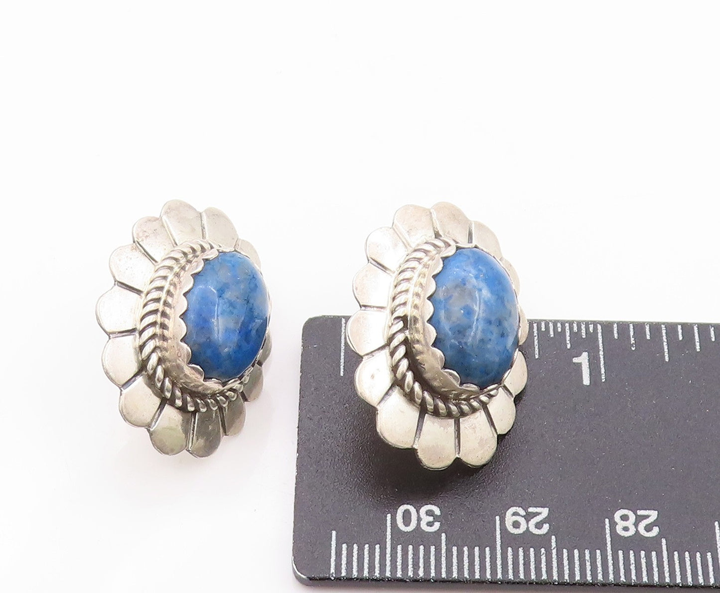 925 Sterling Silver Vintage Earrings Oval Cabochon Turquoise Flower EG13547